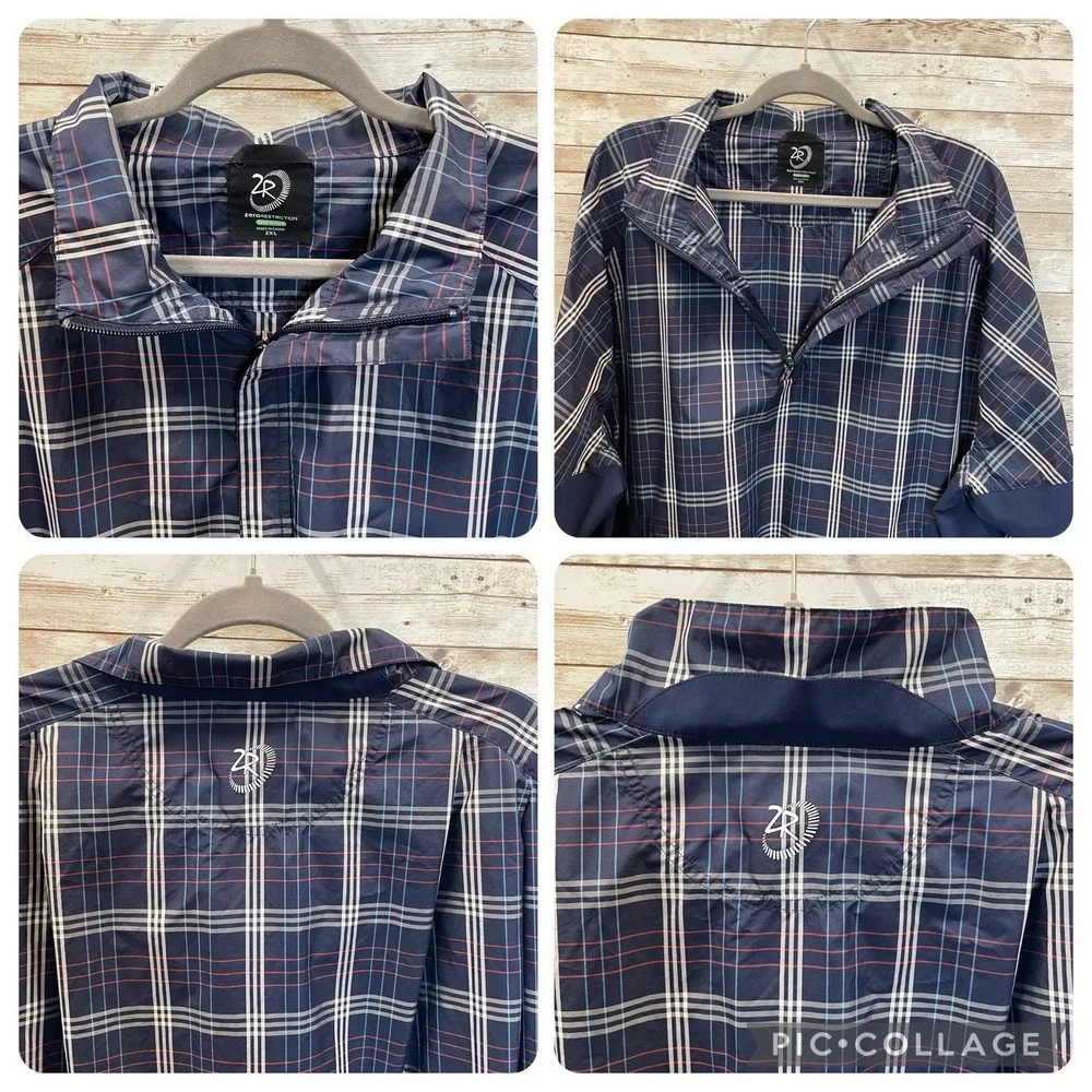 Zero Restriction Mens‎ 2XL Pullover Jacket Navy Plaid Tour Series 1/4 Zip Cinch